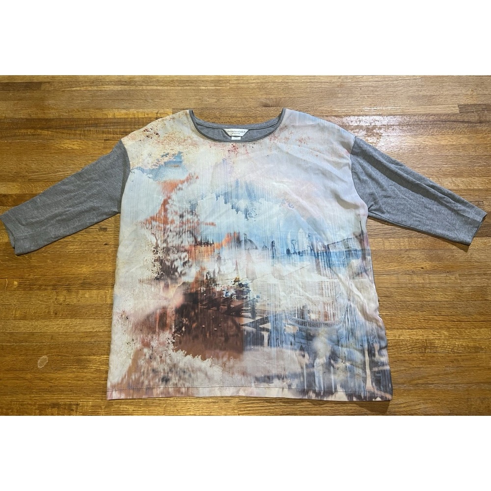 Christopher & Banks Women Medium Petite Gray Abstract Print 3/4 Sleeve Blouse